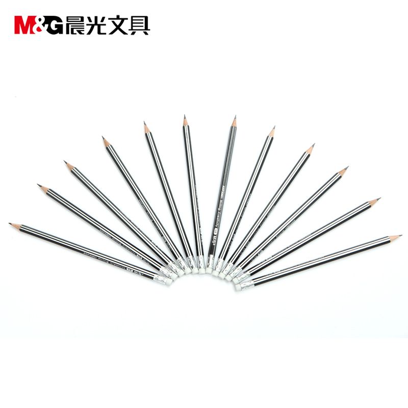 晨光(M&G)文具HB铅笔12支 银黑抽条六角木杆铅笔 学生书写美术素描绘图木质铅笔带橡皮头AWP30801
