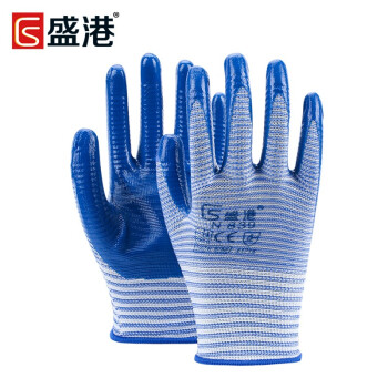 盛港（SHENGGANG）劳保手套丁腈浸胶加厚防护手套耐磨纱手套工地工作N839 条纹蓝胶（12付）