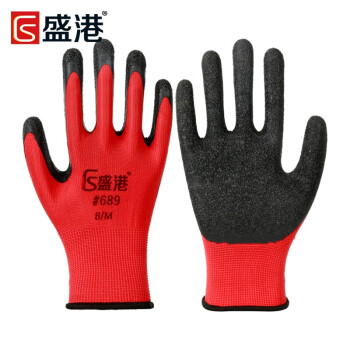 盛港（SHENGGANG）手套劳保耐磨防滑乳胶手套橡胶透气加厚皱纹劳动工作工地#689 红黑（12双）