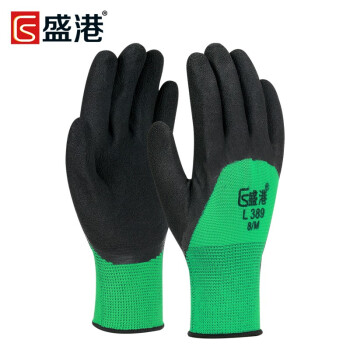 盛港（SHENGGANG）劳保手套 发泡浸胶手套耐磨防护透气防滑挂胶带胶涂胶手套工地作业 L389 绿黑（12付）