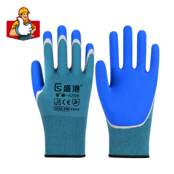 盛港 手套劳保耐磨工作丁腈橡胶乳胶防滑防水带胶工地干活掌面喷盐磨砂手套 倍棒-A398 均码12双/包