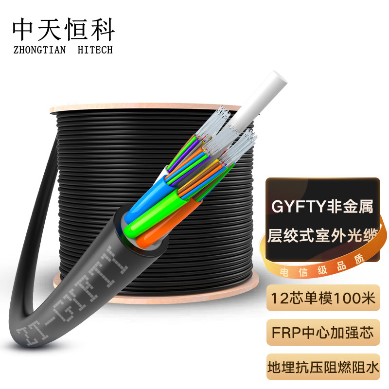 中天恒科 12芯GYFTY室外非金属光缆 层绞式非铠装单模光纤线 管道光缆防强电击穿 100米 ZT-GYFTY-12B1.3