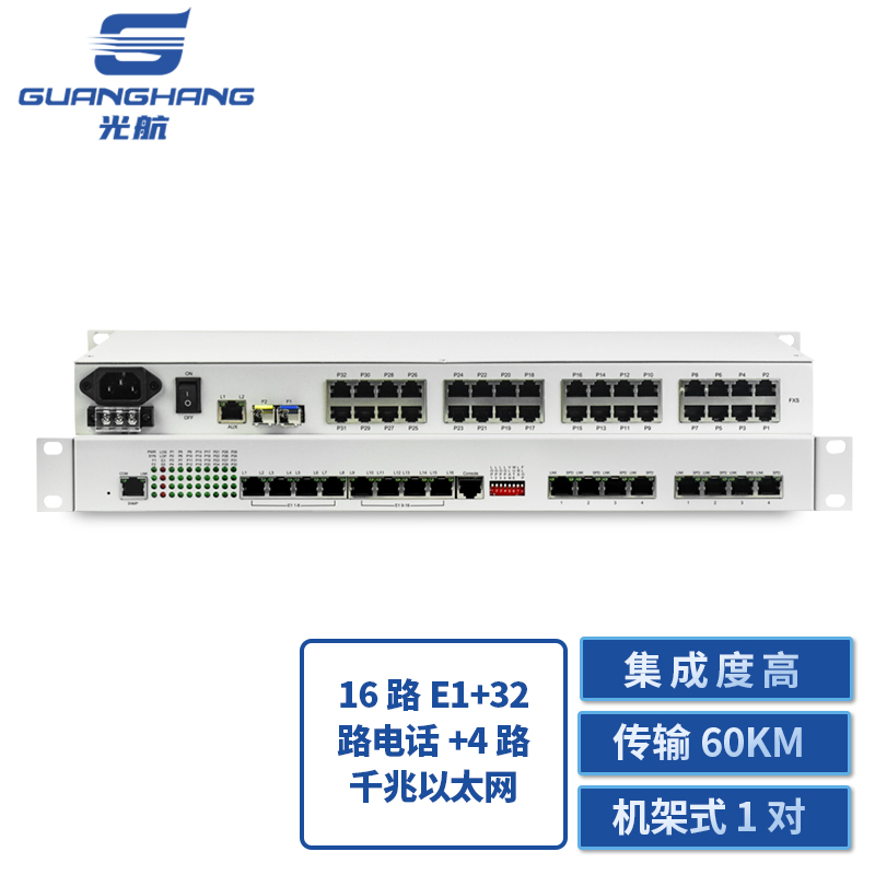 光航 GH-16E1-32P4GVP-20KM综合业务电话光端机 16E1+32电话+4路千兆物理隔离网 单纤20km LC 机架式 1对价 