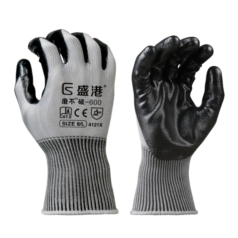 盛港磨不破手套劳保耐磨工作丁腈橡胶乳胶防护加厚防滑防水带胶皮 盛港磨不破-600黑丁腈手套 12双 均码