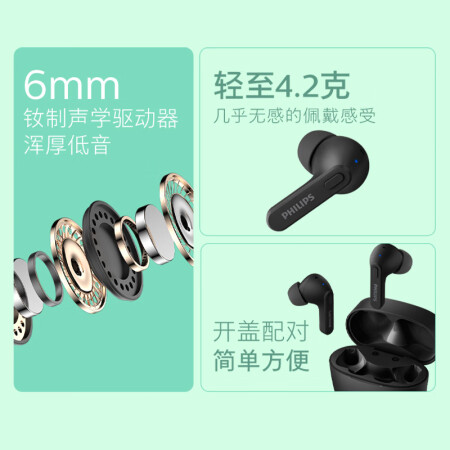 飞利浦（PHILIPS）真无线蓝牙耳机无线运动耳机游戏耳机回音降噪CD级高清音质苹果华为手机TAT2206黑