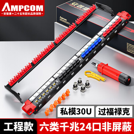 安普康（AMPCOM）六类配线架24口 机柜1U机架式千兆网线CAT6类非屏蔽网络配线架 30U镀金过FLUKE链路测试 AC6N24