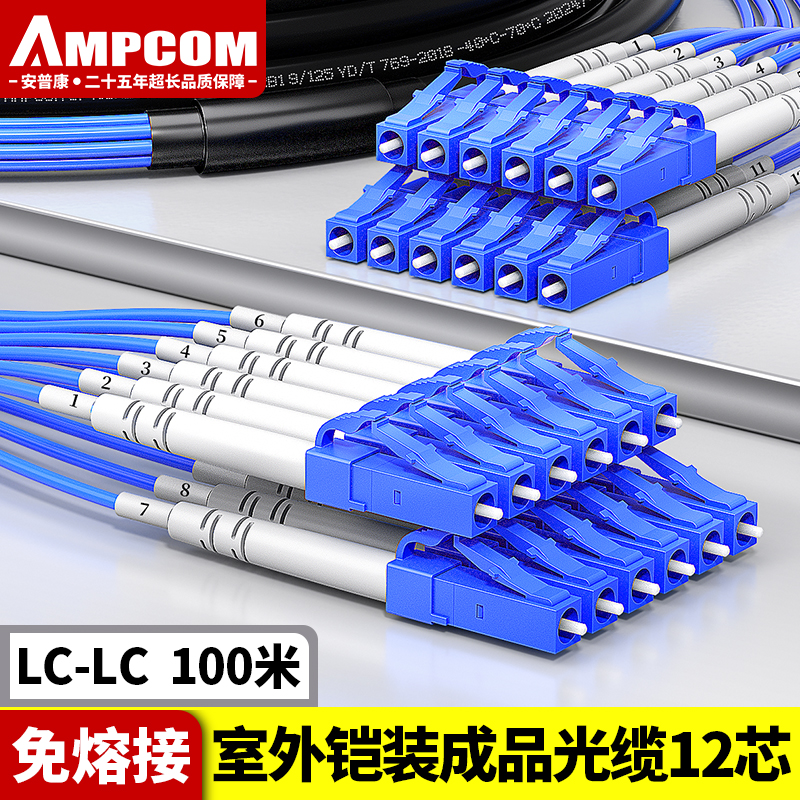 安普康（AMPCOM）单模铠装成品光缆12芯 LC-LC室外免熔接光纤线100米 电信级户外预端接束状分支光纤跳线AM12LC10