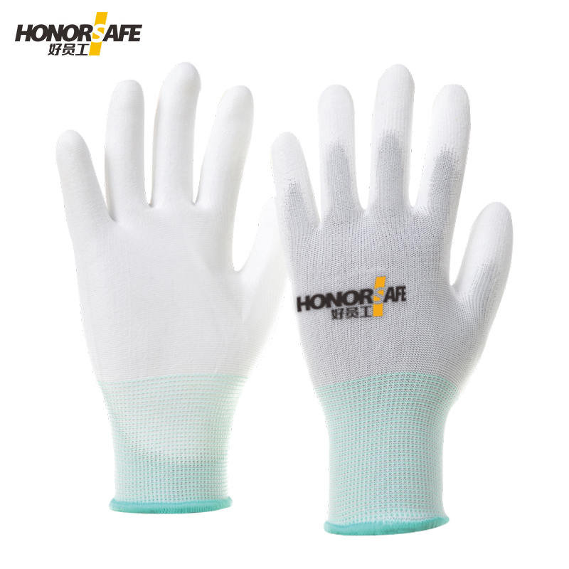 好员工T501白涤纶丝白PU涂掌手套 13针浸胶涂层防滑耐磨劳保手套 10副/打 M码