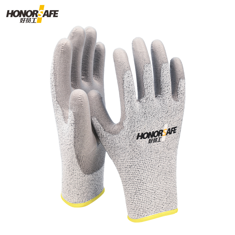 好员工PE-104防切割手套 13针HPPE浸胶涂掌PU防滑耐磨机械防护工作劳保手套 10副/打 麻灰色  L码