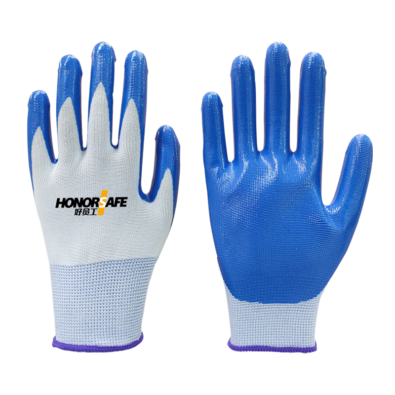 好员工N301 13针涤纶丝蓝色丁腈涂掌耐磨胶线手套劳保手套 白涤纶蓝丁腈（1双） 均码