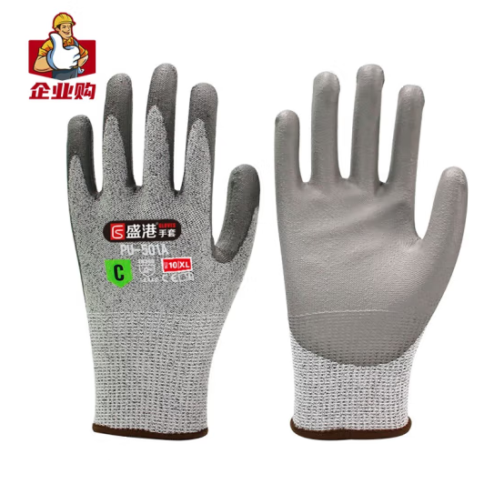 盛港 5级防割手套2双pu加大浸胶涂掌 独立包装 工地防护 灰色PU501A XL码