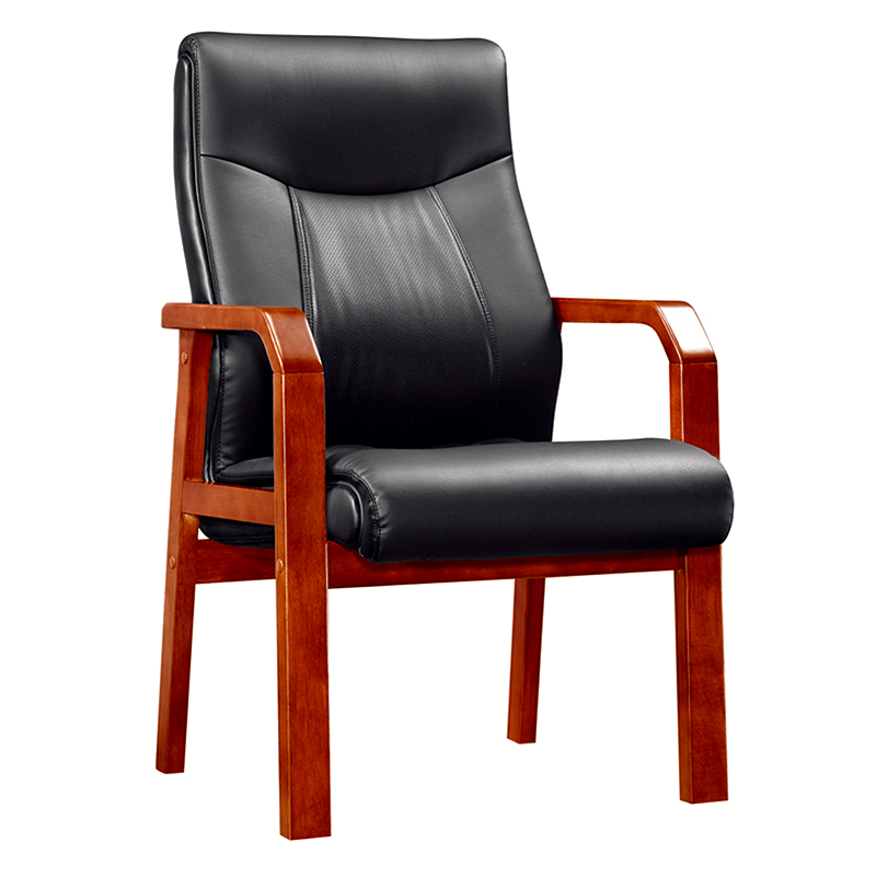 悦山 办公会议椅培训椅接待实木扶手会客椅 黑牛皮 640*630*1120mm