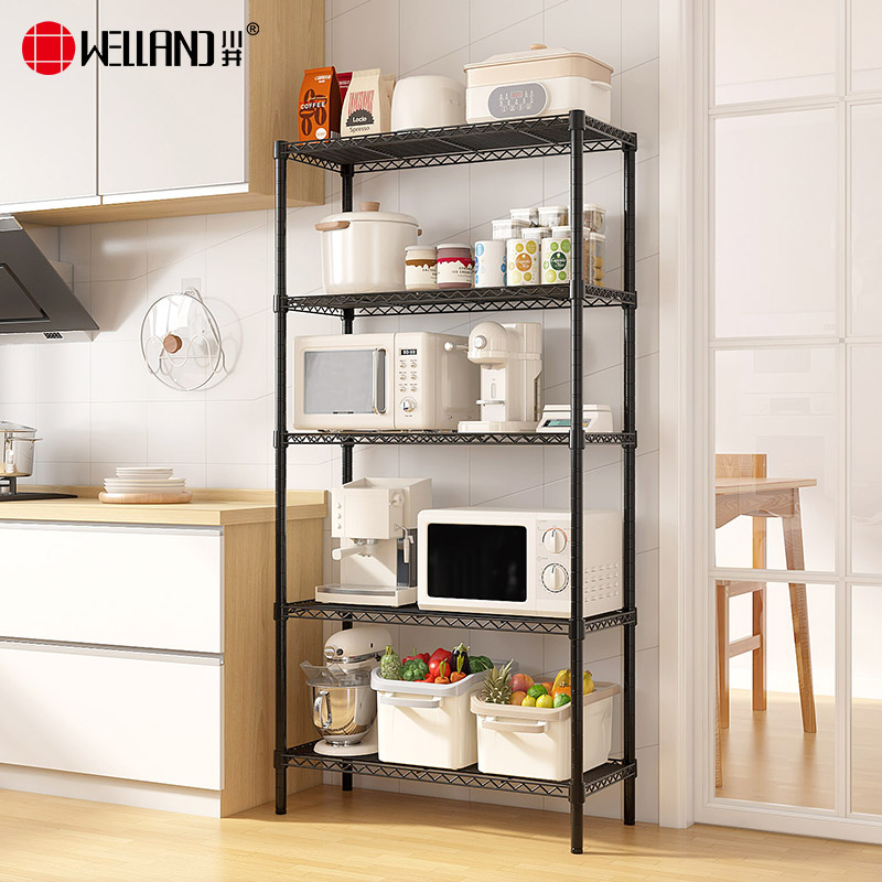 川井（WELLAND）厨房置物架落地多层储物架微波炉架收纳架黑色 五层75*35*150cm