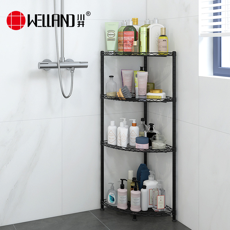 川井（WELLAND）浴室置物架落地四层转角储物架卫生间三角收纳架墙角架黑色350*350*800mm