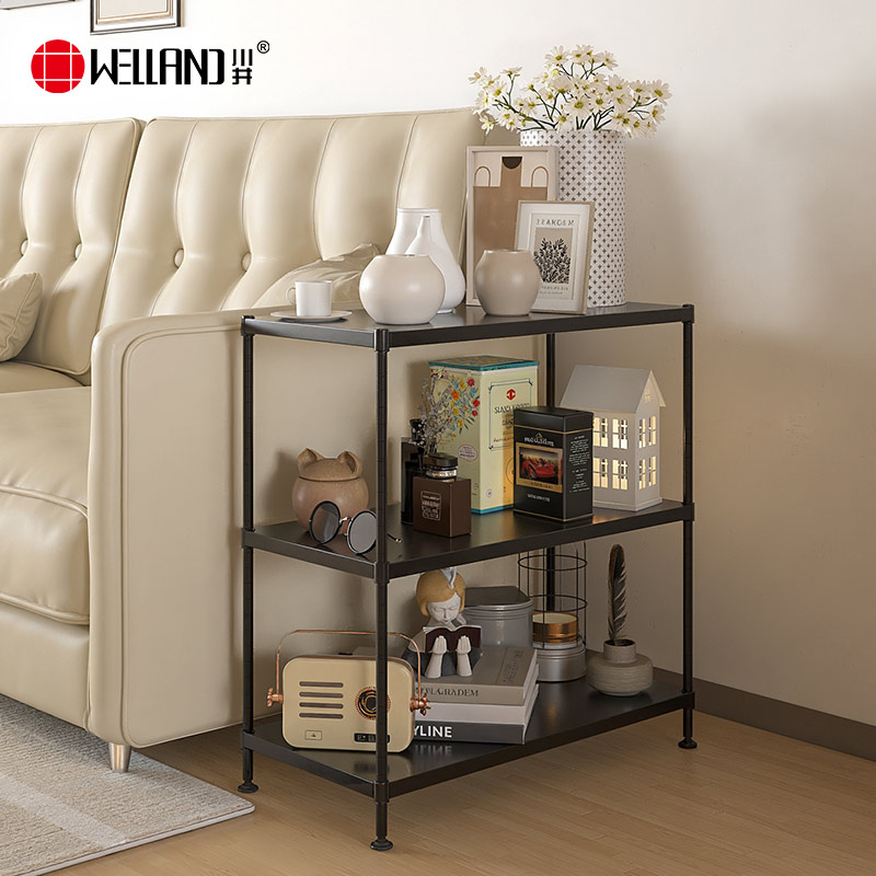 川井（WELLAND）置物架落地厨房储物架三层客厅零食收纳架家用小书架沙发边几黑色600*300*600mm