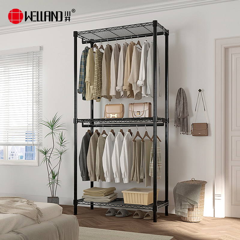 川井（WELLAND）挂衣架落地卧室衣服置物架双层挂衣帽架加高2米全钢架金属衣柜900*450*2000mm