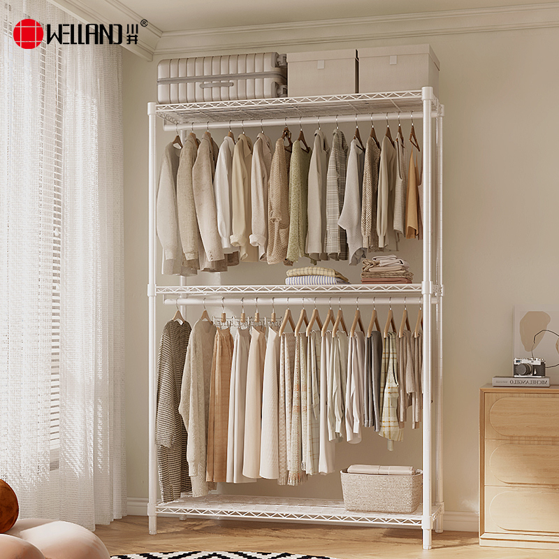 川井（WELLAND）衣架落地挂衣架双层衣帽间衣服置物架出租房宿舍晾衣架2米高白色1200*450*2000mm