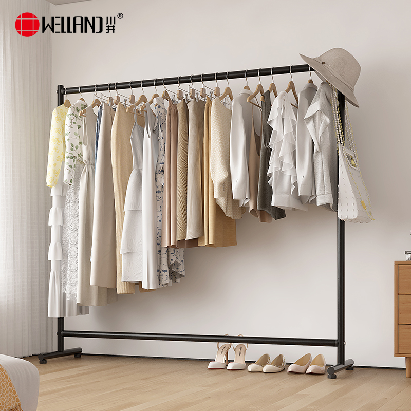 川井（WELLAND）晾衣架落地阳台晒衣架卧室单杆挂衣架金属衣服收纳架子黑色1500*400*1400mm