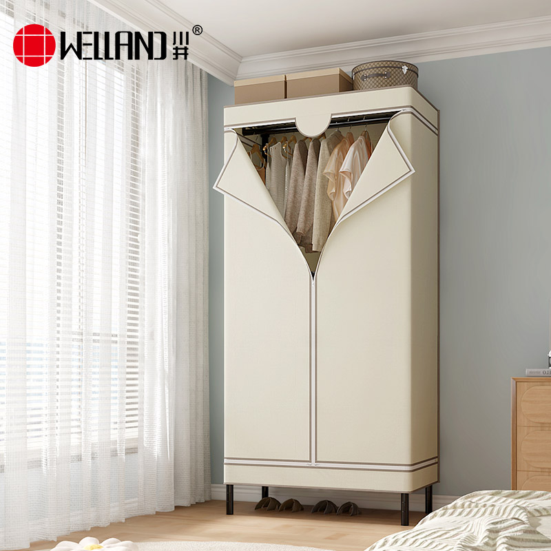 川井（WELLAND）布衣柜卧室全封闭简易衣柜出租房衣服收纳柜加高钢架布衣橱米色900*450*2000mm