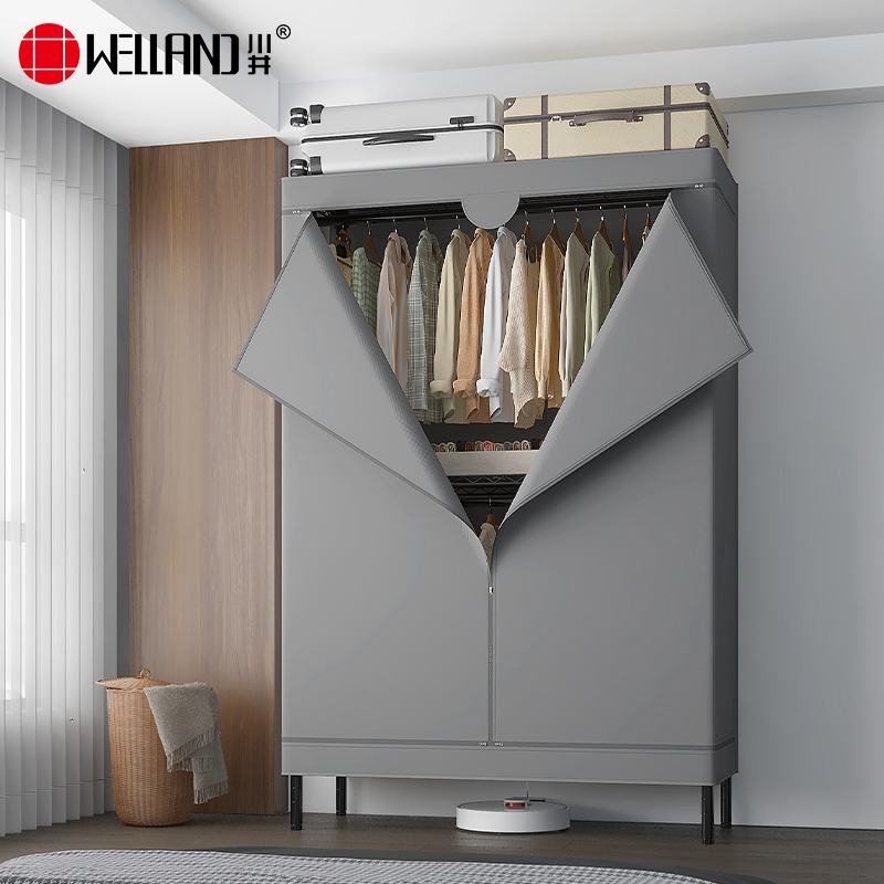 川井（WELLAND）简易衣柜卧室布衣柜全钢架结构出租房宿舍牛津布全封闭衣服收纳柜1200*450*2000mm